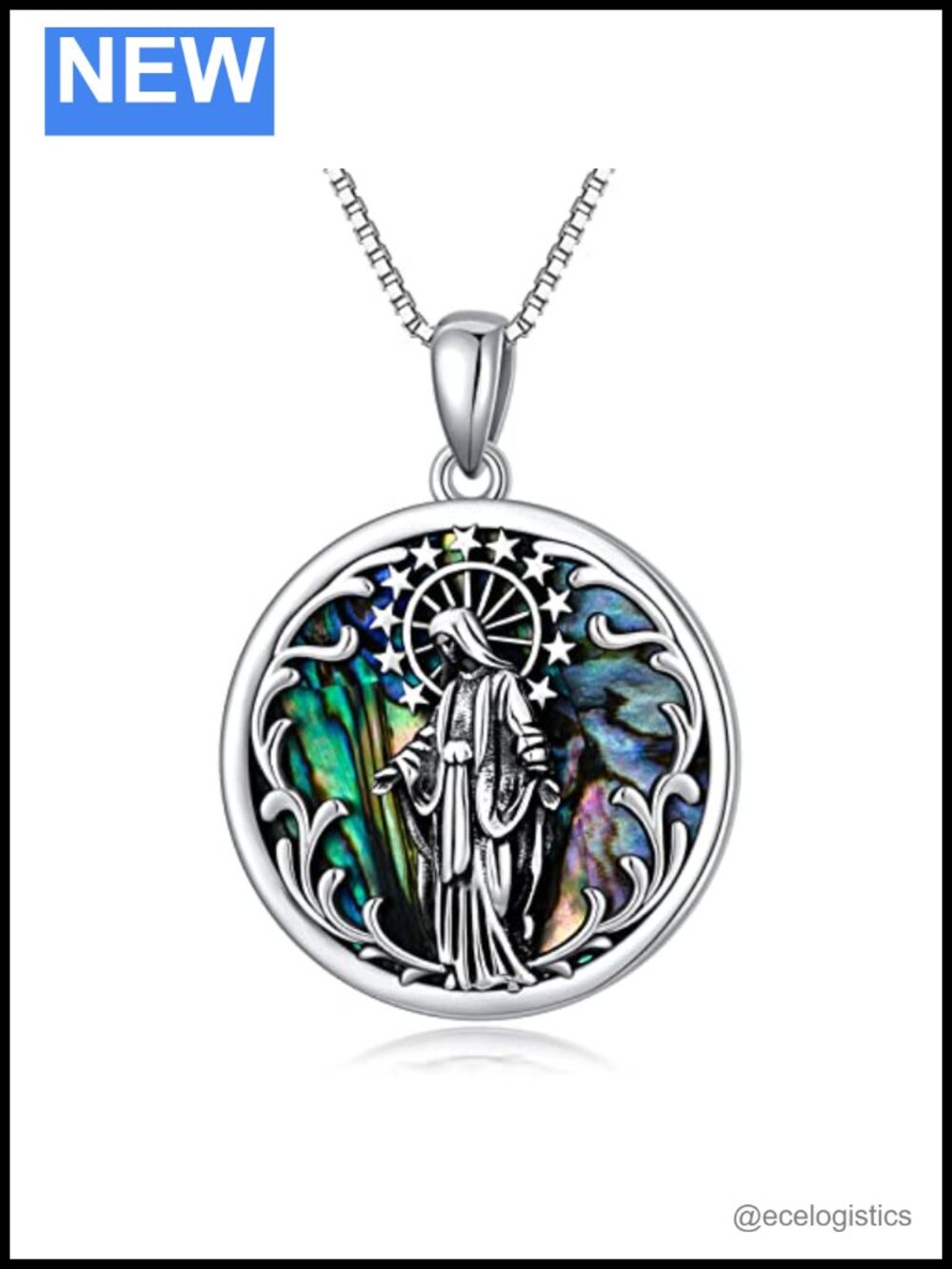 925 Sterling Silver Patron Saint Pendant Necklace Abalone Shell 20" Chain